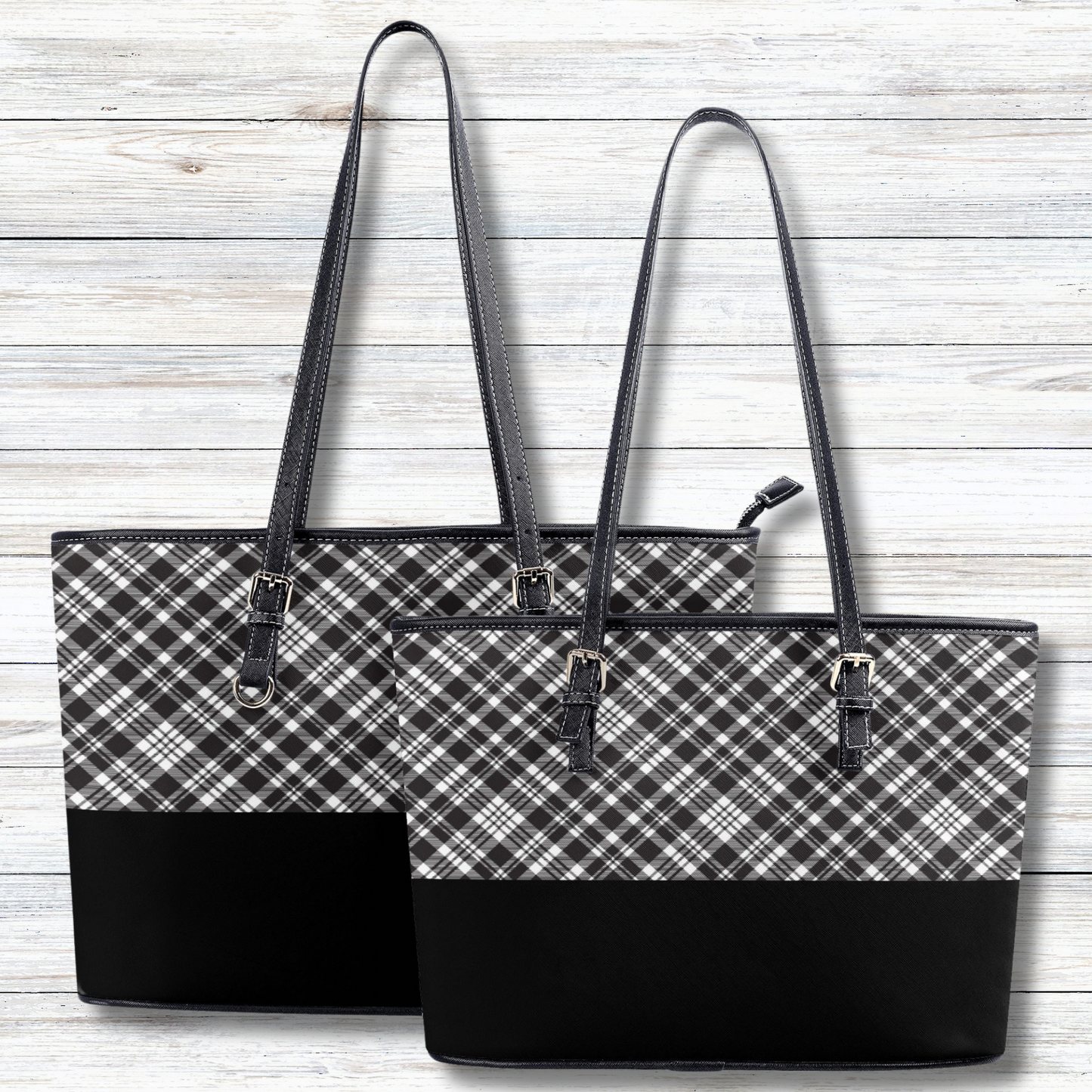 Chic Contrasting Black & Grey Argyle Plaid Pattern  with Black Band Professional Tote Bag Faux Leather (PU) - 2 Sizes