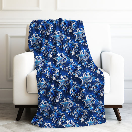Texas Stars in Blue and Silver with Flowers Print Velveteen Plush Blanket 3 Sizes