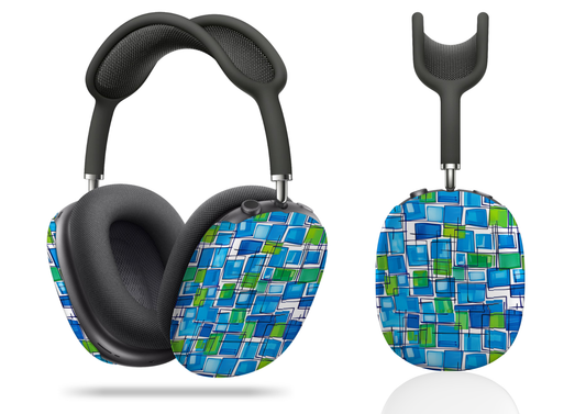 Abstract Interplay of Blue and Green Squares with Meandering Lines AirPod Max Case Protective Covers