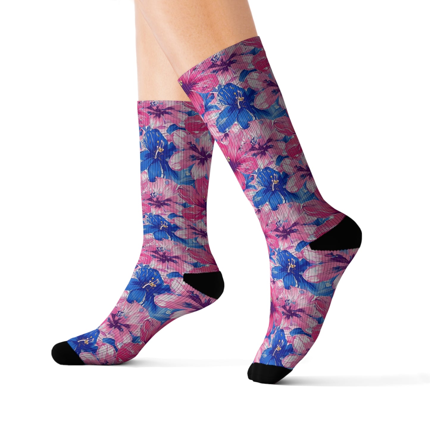 Blooming Bliss: Large Pink and Blue Blossoms in Full Bloom Ribbed Crew Socks