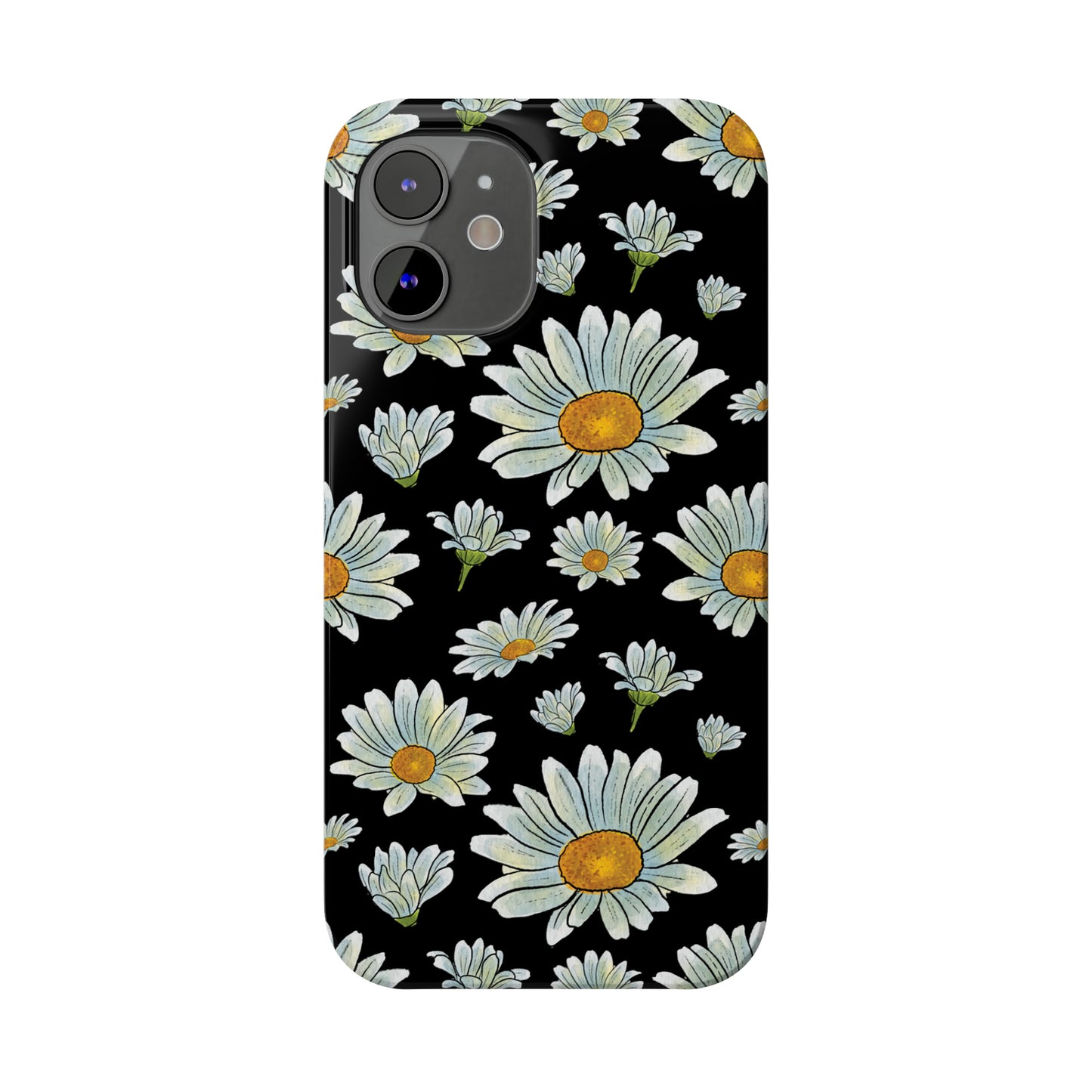 Large Watercolor Summer Daisies Blooming Against a Bold Black Background Iphone 15-12 Slim Phone Case