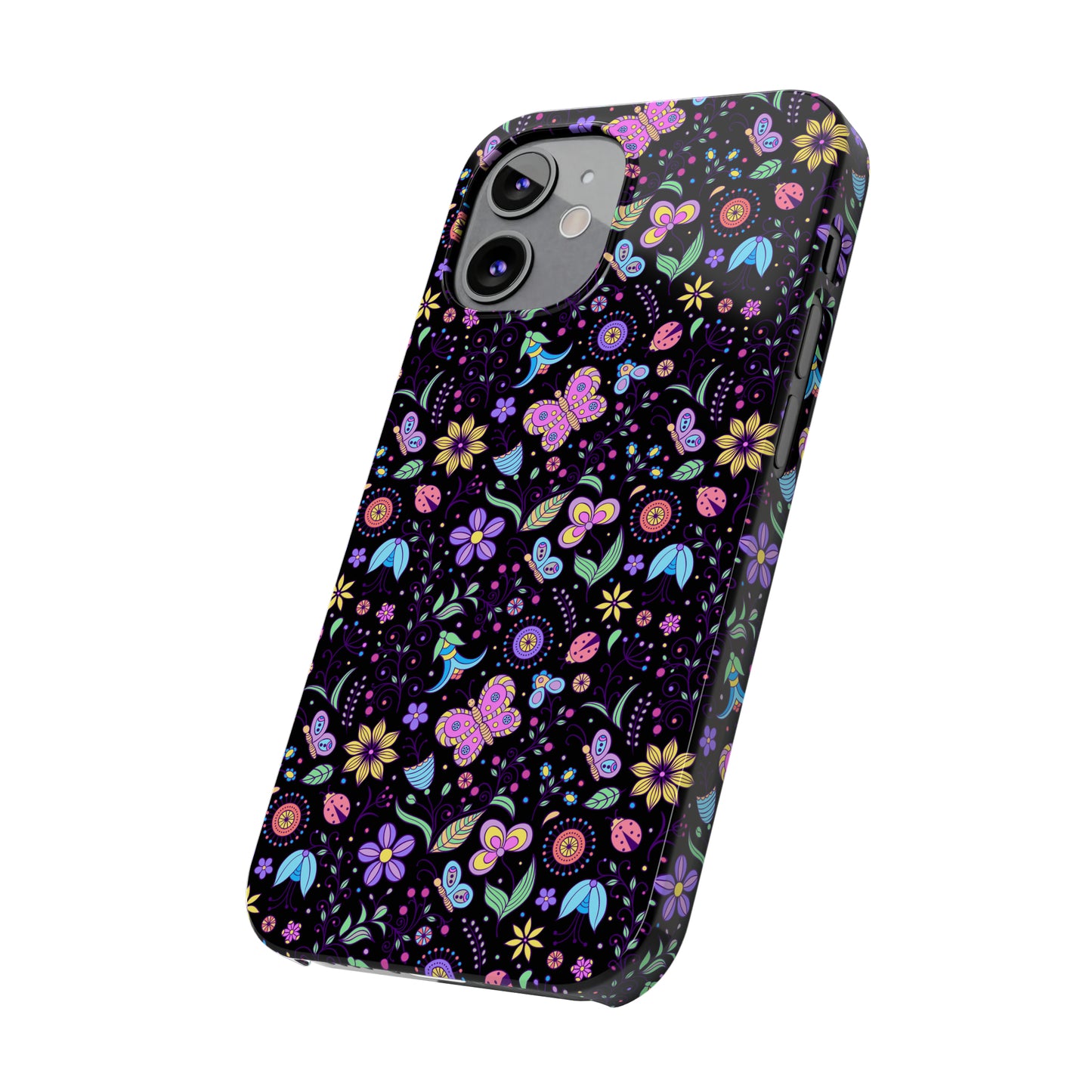 Butterflies and Flowers Black Background Iphone 15-12 Slim Phone Case