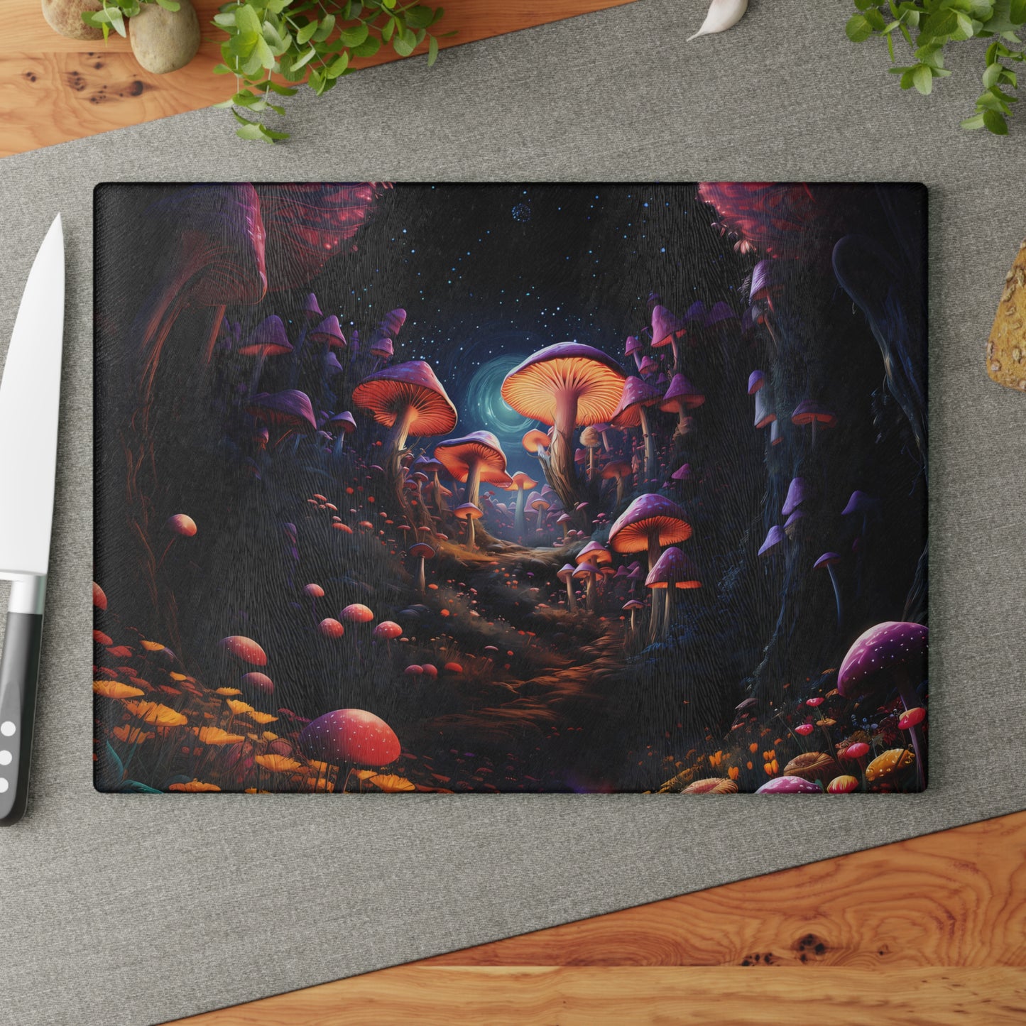 Psychedelic Black Light Glowing Mushroom Nighttime Scene - Glass Cutting Board  8" x 11" and 11" x 15"