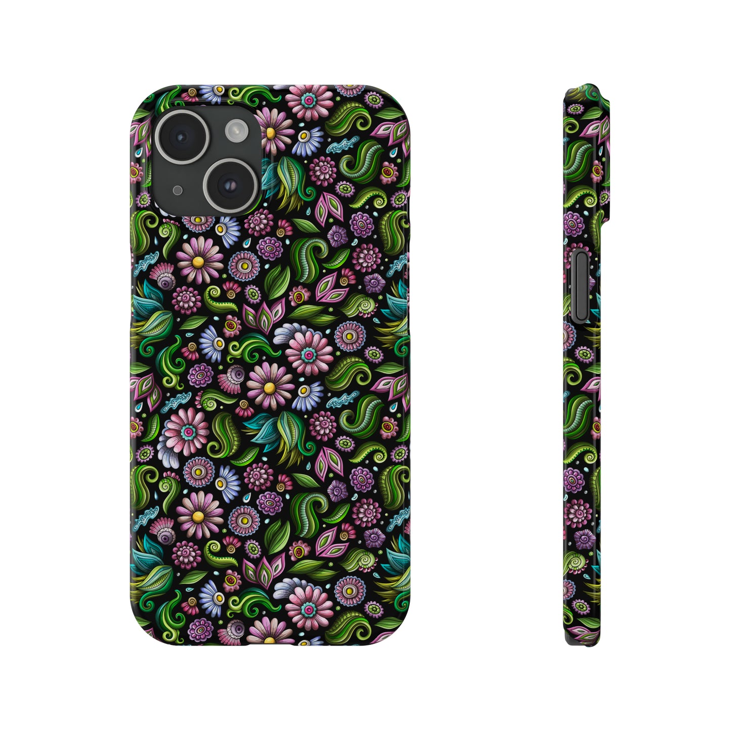 Purple & Pink Daisy Floral Print on Black Background Iphone 15-12 Slim Phone Case