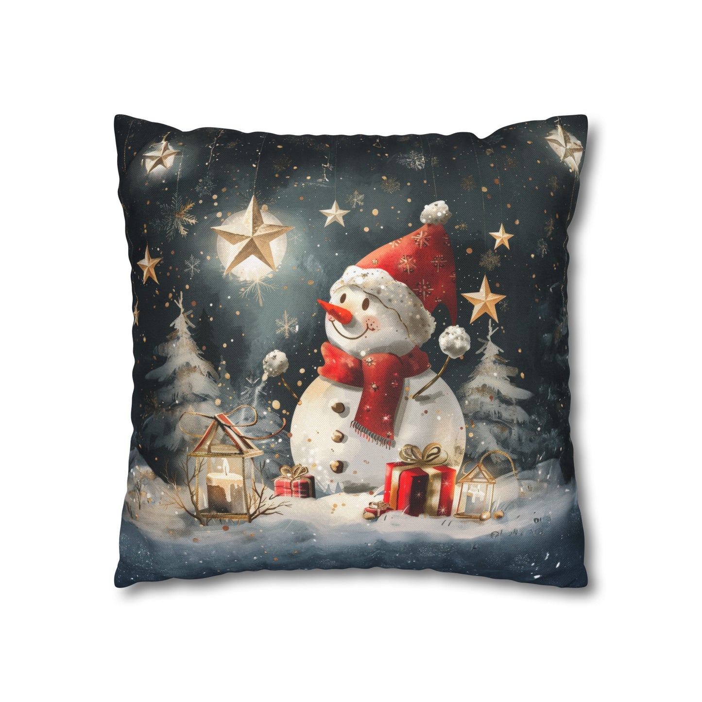 Moonlit Frost: Snowman Basking in Moonlight Surrounded by Presents Spun Polyester Square Pillowcase 4 Sizes