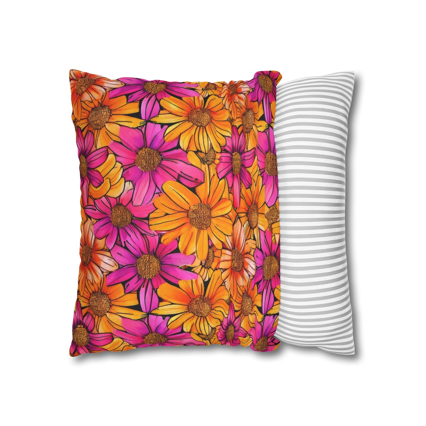 Vibrant Daisy Delight with Bold Orange and Pink Spun Polyester Square Pillowcase 4 Sizes