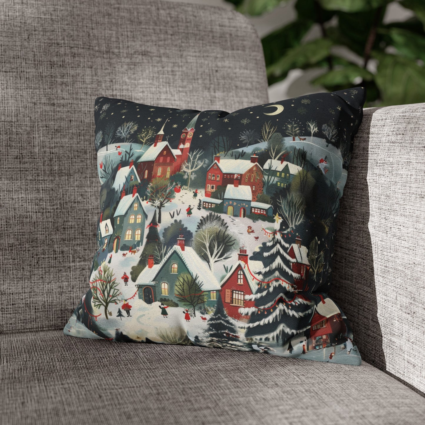 Vintage Winter Village: Old-Fashioned Country Town in a Snowy Christmas Scene Spun Polyester Square Pillowcase 4 Sizes