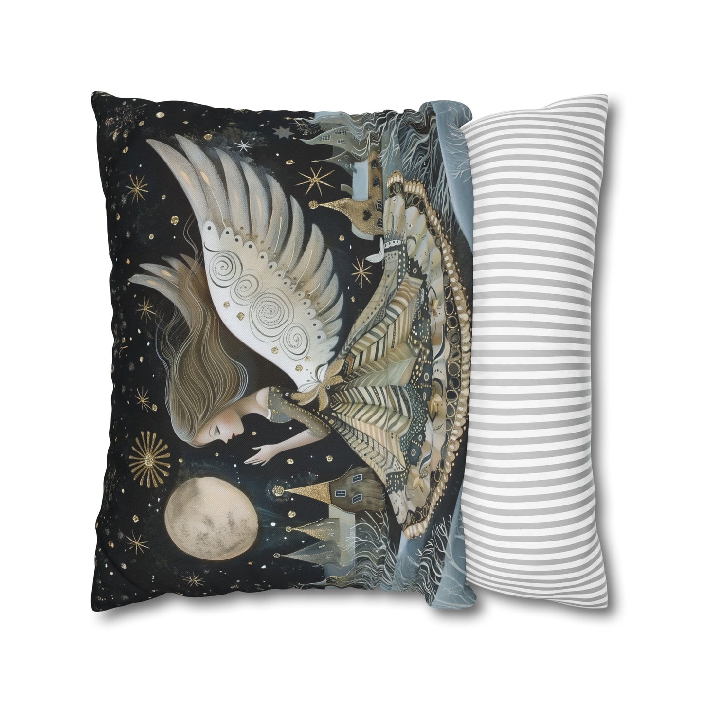 Frosty Angelic Glow: Angel Illuminated by Moonlight on a Snowy Night Spun Polyester Square Pillowcase 4 Sizes