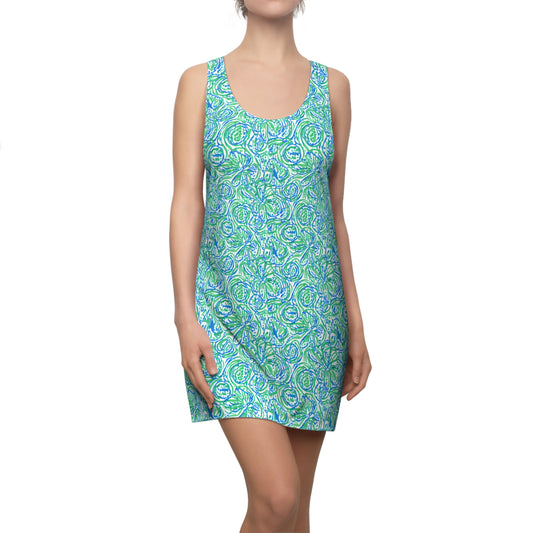 Emerald Tide: Swirling Green and Blue Flowers Women's Racerback Dress XS - 2XL