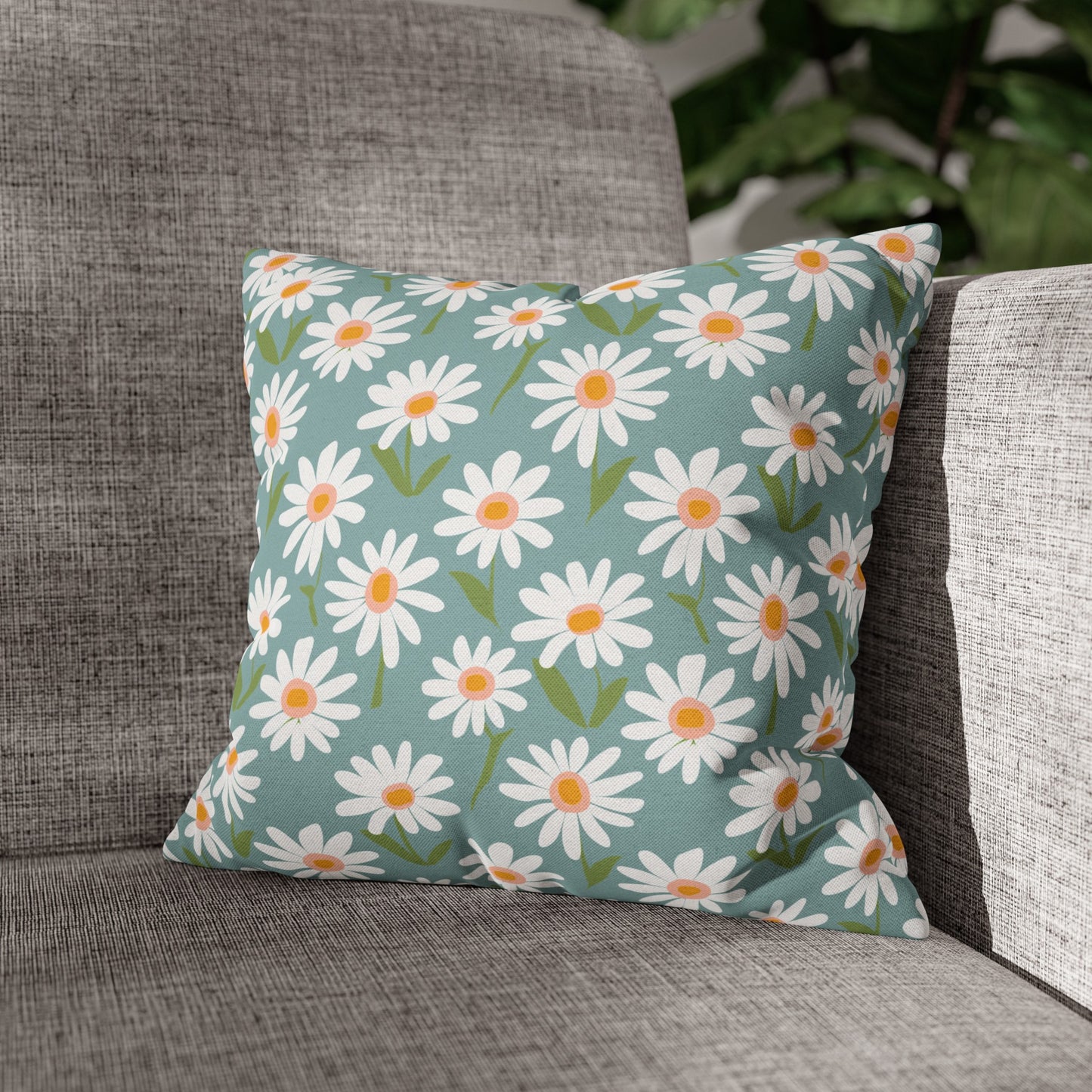 Cheerful Bright Daisy on Pastel Green Spun Polyester Square Pillowcase 4 Sizes