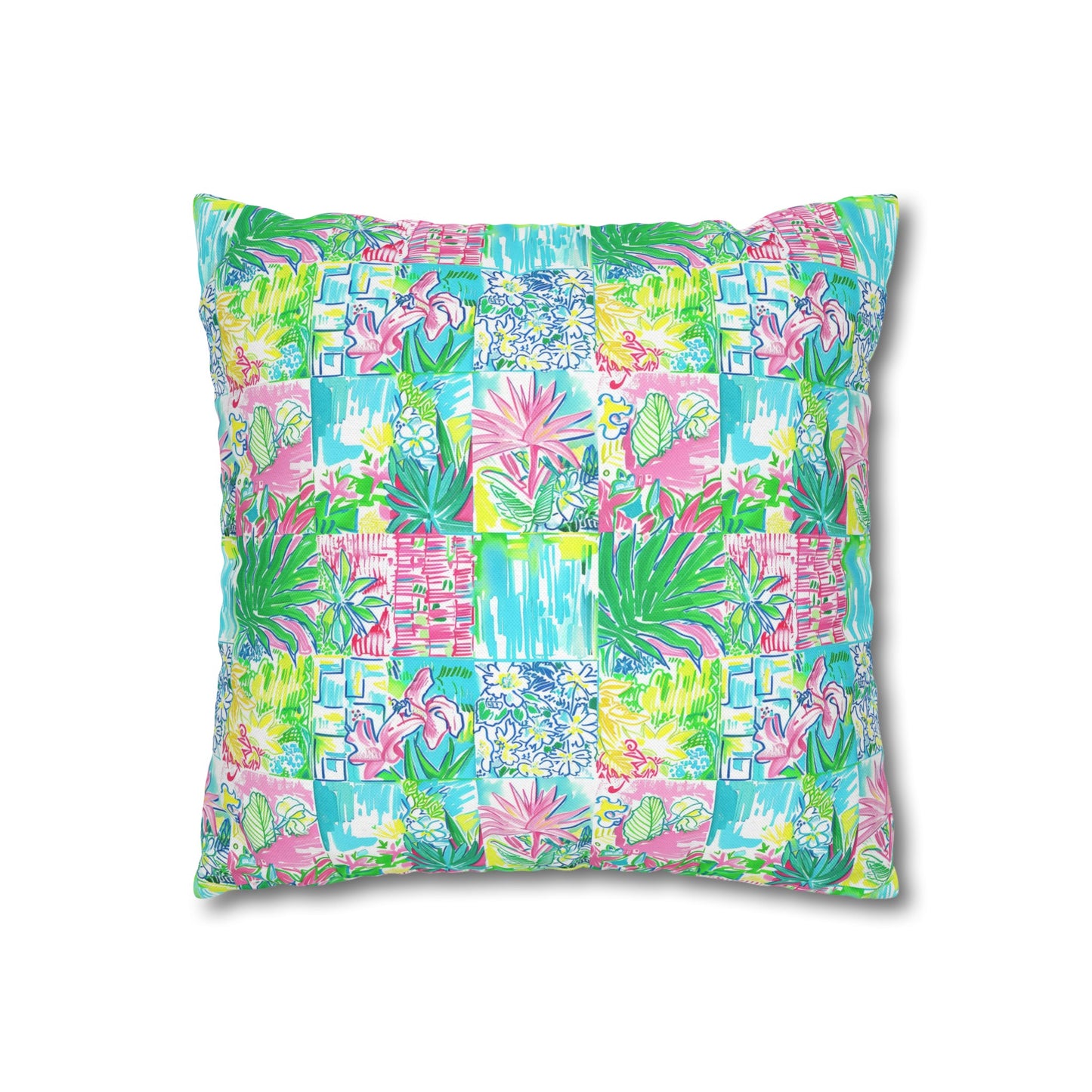 Whimsical Palm Trees and Flowers in Vibrant Pink, Teal, and Green Collage Spun Polyester Square Pillowcase 4 Sizes