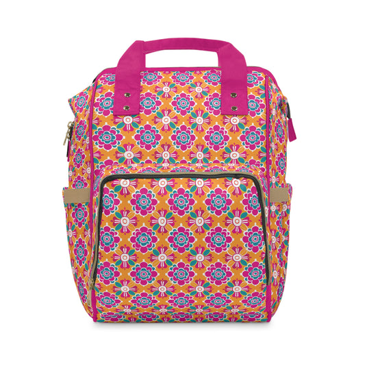 Array of Stylized Floral Motifs in Vivid Pink, Teal, and White Set Against a Warm Orange Backdrop Multifunctional Diaper Backpack