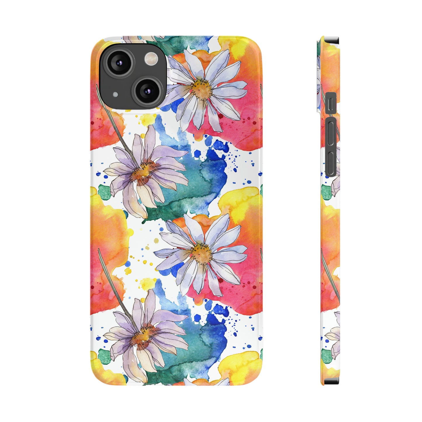 Large Colorful Watercolor Daisy Design Iphone 15-12 Slim Phone Case