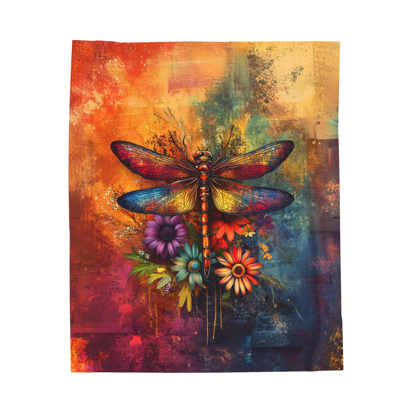 Mesmerizing Vibrant Dragonfly and Flowers Velveteen Plush Blanket 3 Sizes