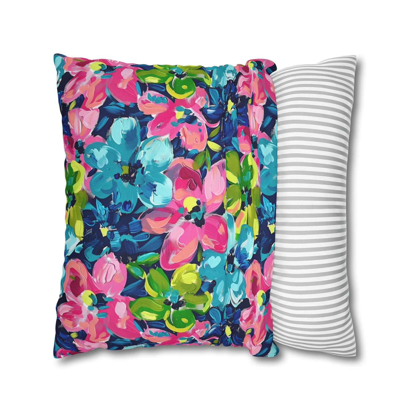 Dusk Blossoms: Moody Pink, Blue, and Yellow Watercolor Flowers Spun Polyester Square Pillowcase 4 Sizes