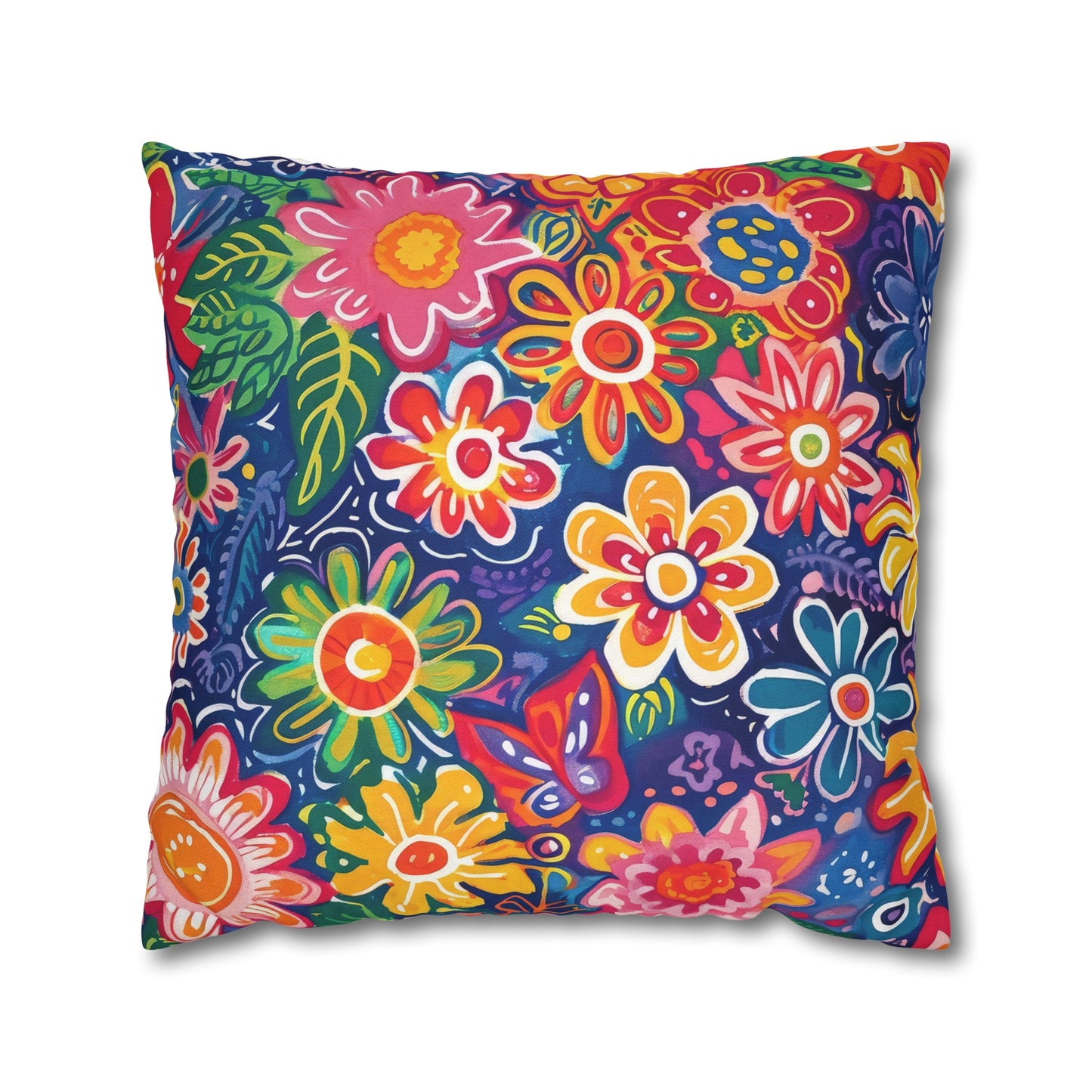 Fluttering Kaleidoscope: Vibrant Multicolor Flowers and Butterflies in Flight Spun Polyester Square Pillowcase 4 Sizes