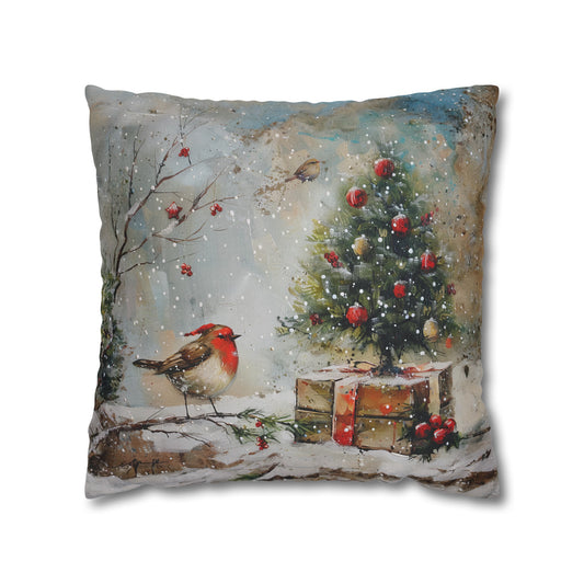 Cardinal Amidst a Winter Wonderland with Christmas Tree Spun Polyester Square Pillowcase 4 Sizes