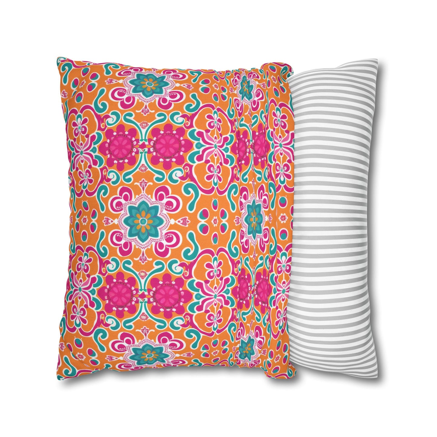 Kaleidoscope of Warm Tangerine, Lush Teal, and Lively Pink Blooms Polyester Square Pillowcase 4 Sizes