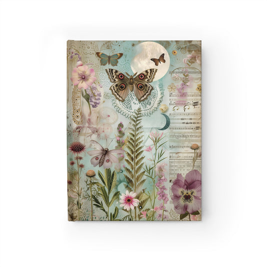 Mystical Musical Moon Celestial Pink Flowers and Butterflies - Hardcover Ruled Line Journal 5" x 7"