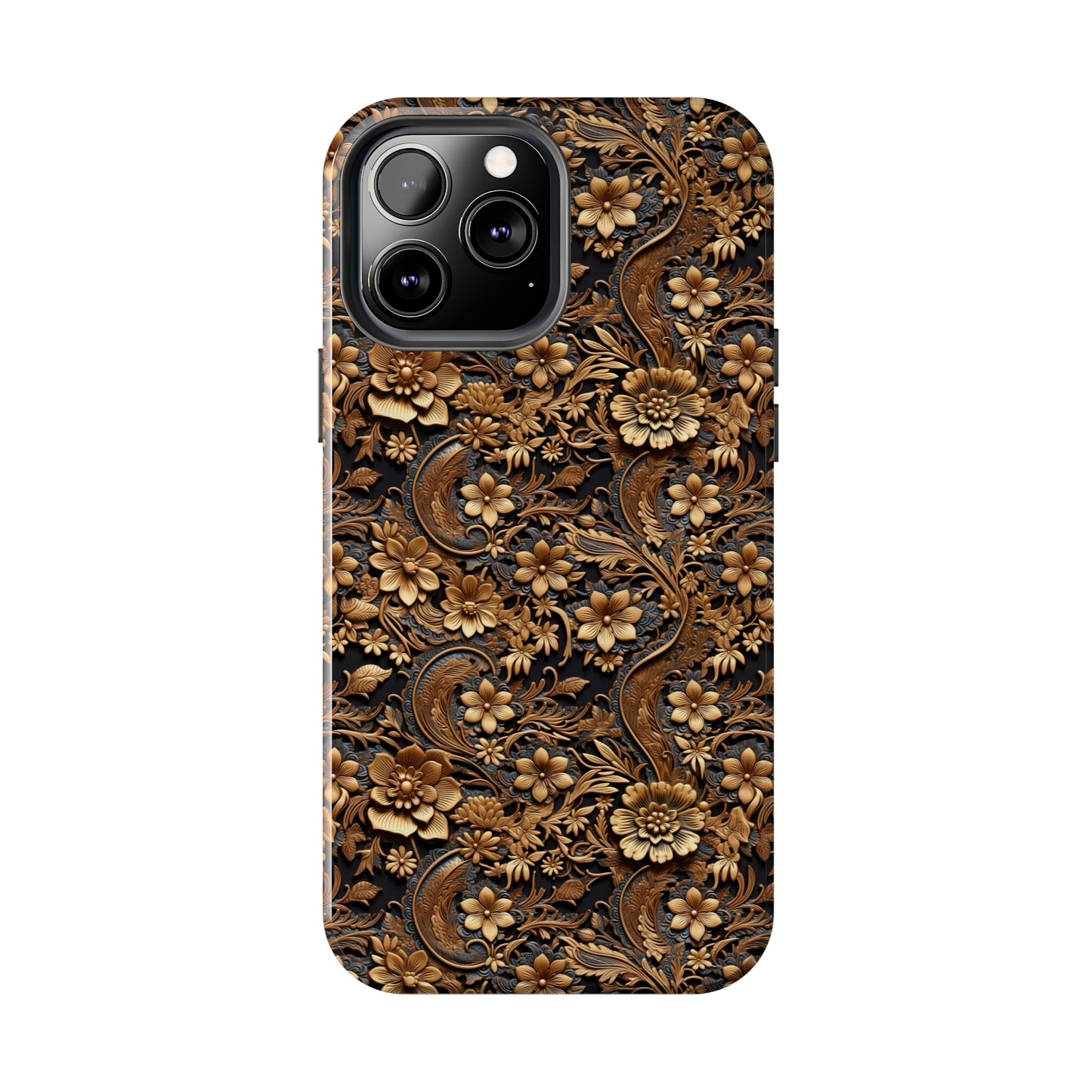 Tooled Leather Large Gold Flowers with Blue Leaf Swirl Accents Print Design Iphone Tough Phone Case