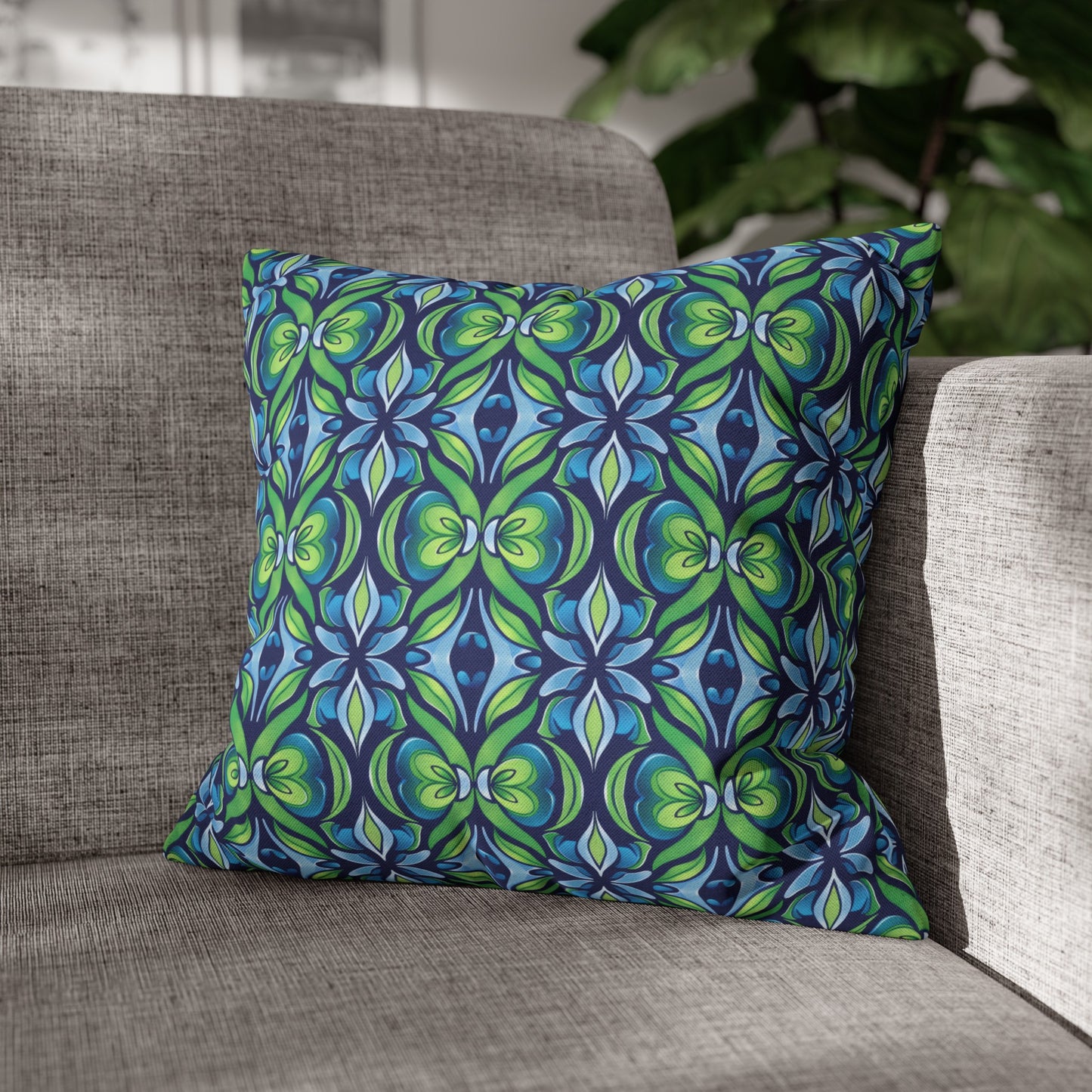 Retro Abstract Blue and Green Floral Pattern Spun Polyester Square Pillowcase 4 Sizes