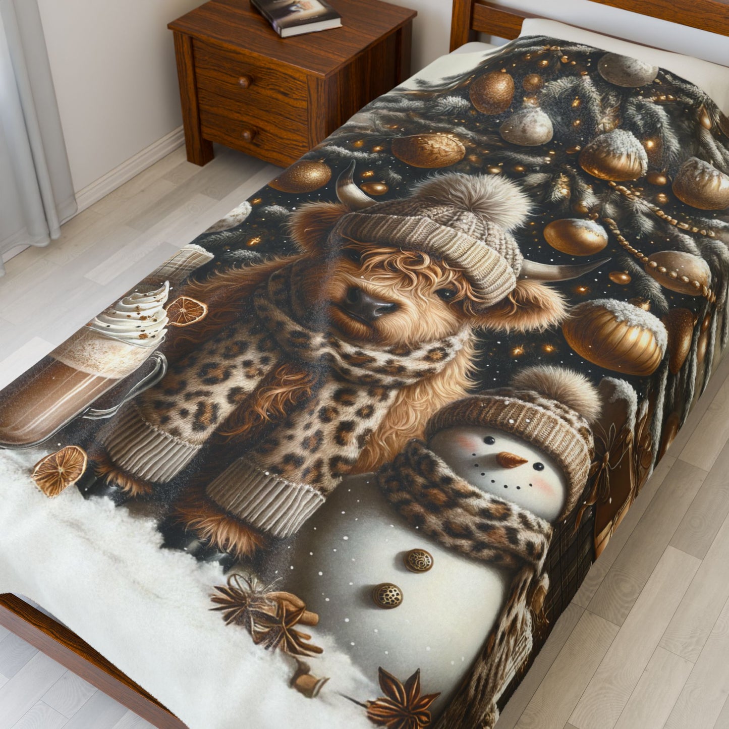 Cute Baby Highland Cow Christmas Trees Presents Leopard Velveteen Plush Blanket 3 Sizes