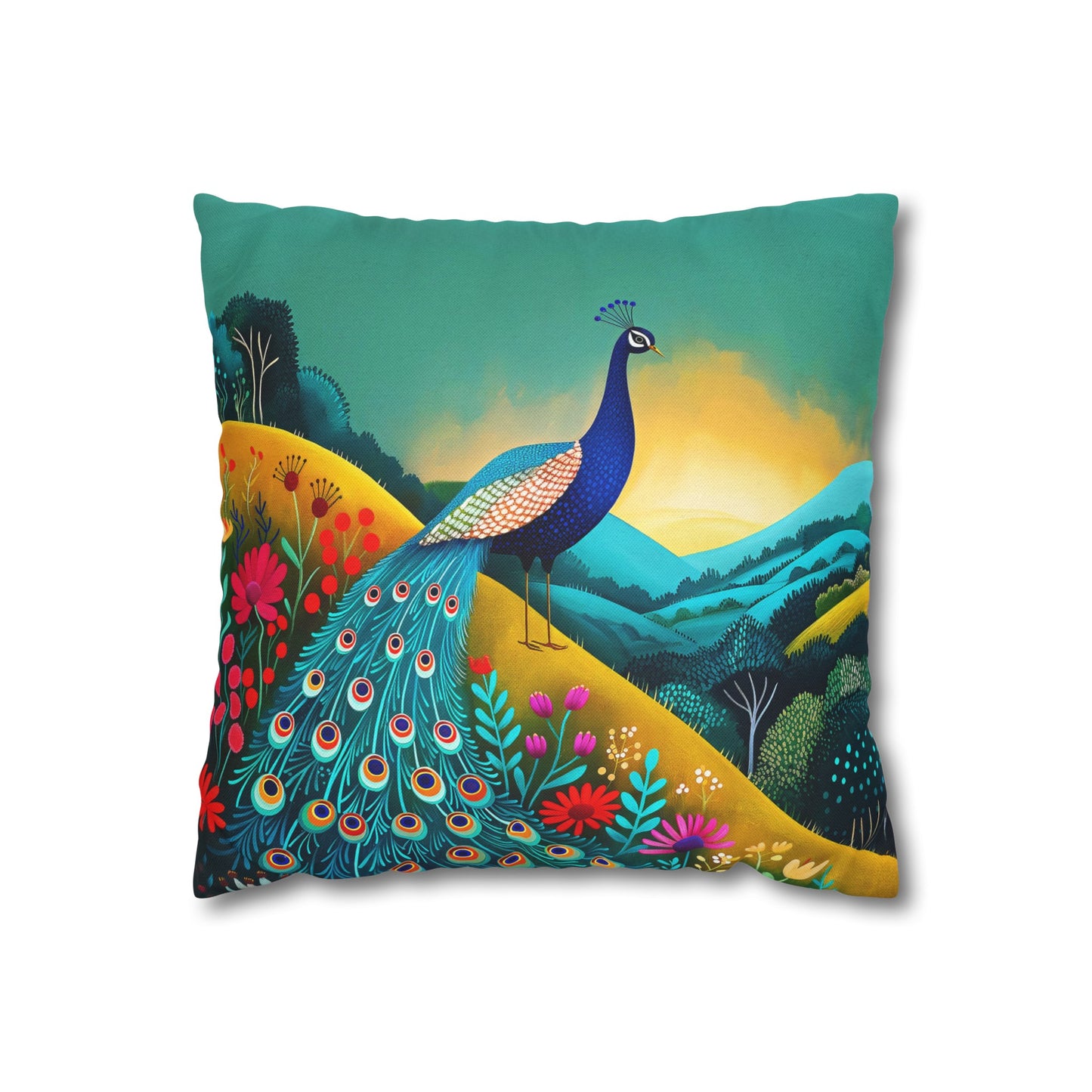 Radiant Peacock with Colorful Enchanted Garden and Sunrise Spun Polyester Square Pillowcase 4 Sizes