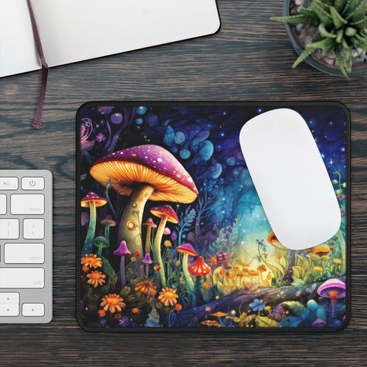 Fantasy Neon Midnight Mushroom and Flower Garden Gaming Mouse Pad with Finished Edges