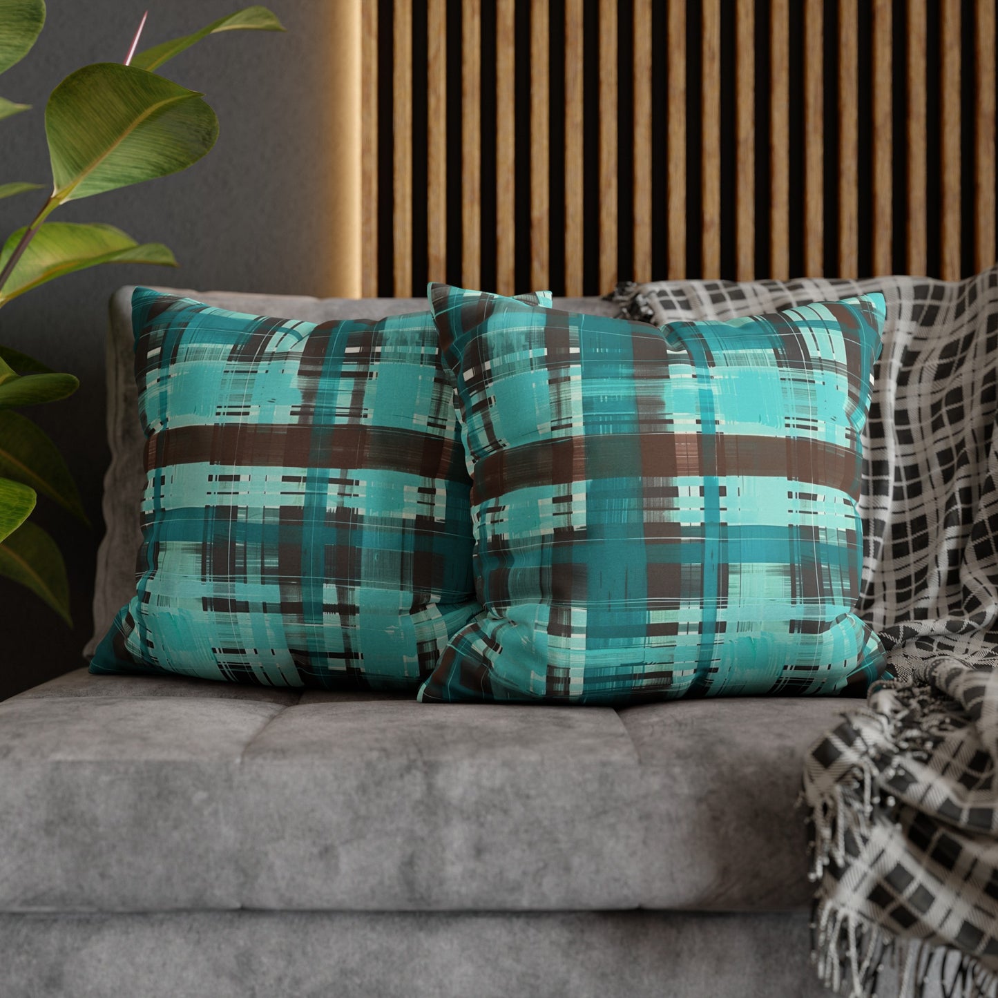 Bold Abstract Watercolor Plaid in Shades of Green and Brown Spun Polyester Square Pillowcase 4 Sizes