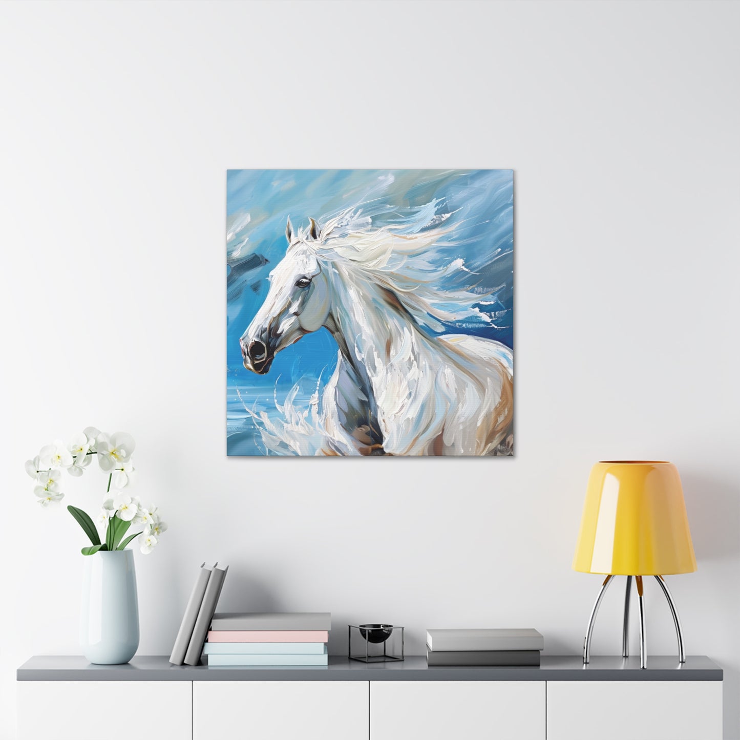 Majestic White Stallion Galloping Along the Ocean's Edge Print on Canvas Gallery - 4 Sizes