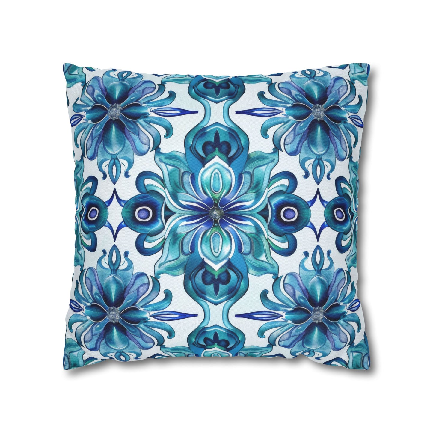 Blossom Symphony of Blue Teal Intricate Floral Pattern Spun Polyester Square Pillowcase 4 Sizes