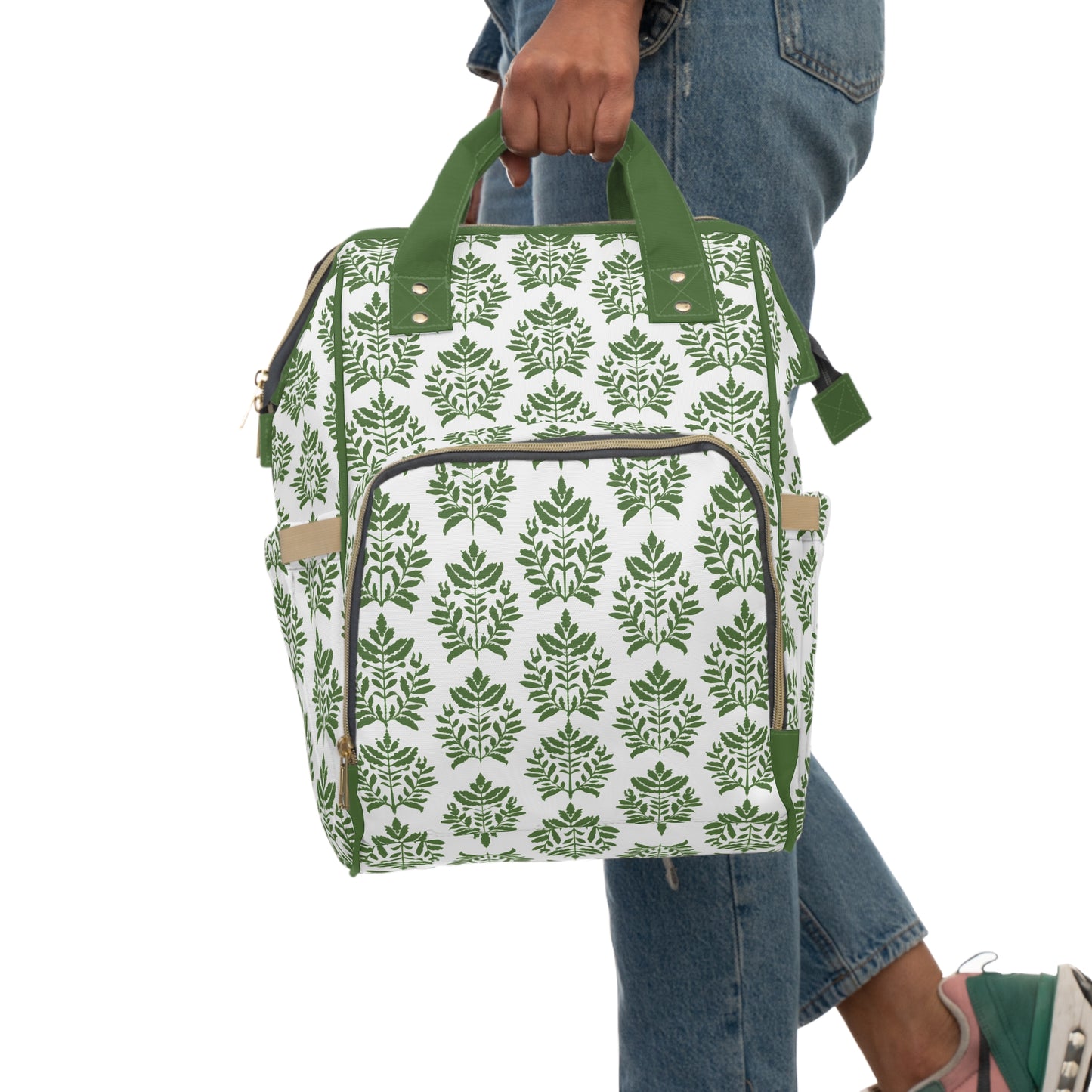 Verdant Harmony in Elegant Green Botanical Block Print Pattern Multifunctional Diaper Backpack