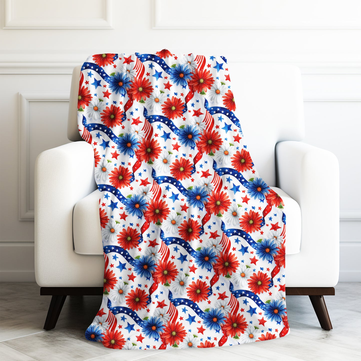 Patriotic Flowers Stars and Stripes Print Velveteen Plush Blanket 3 Sizes