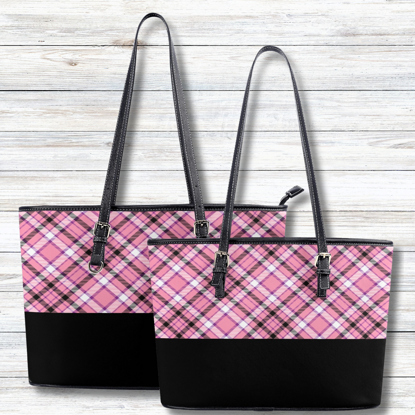 Chic Contrast: Pink & Black Argyle Plaid Pattern with Black Band Professional Tote Bag Faux Leather (PU) - 2 Sizes