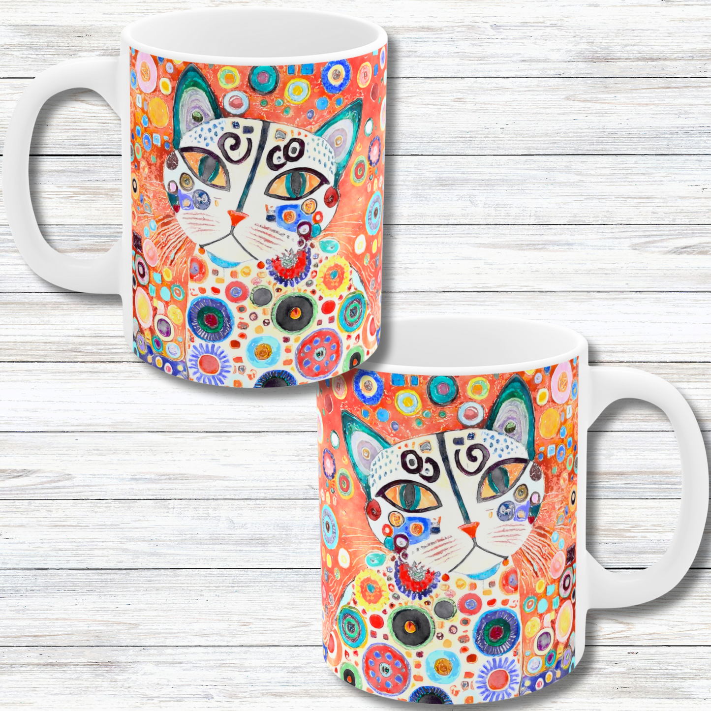 Whimsical Retro Flowers and White Cat in Style of Klimt  - 11 oz Coffee