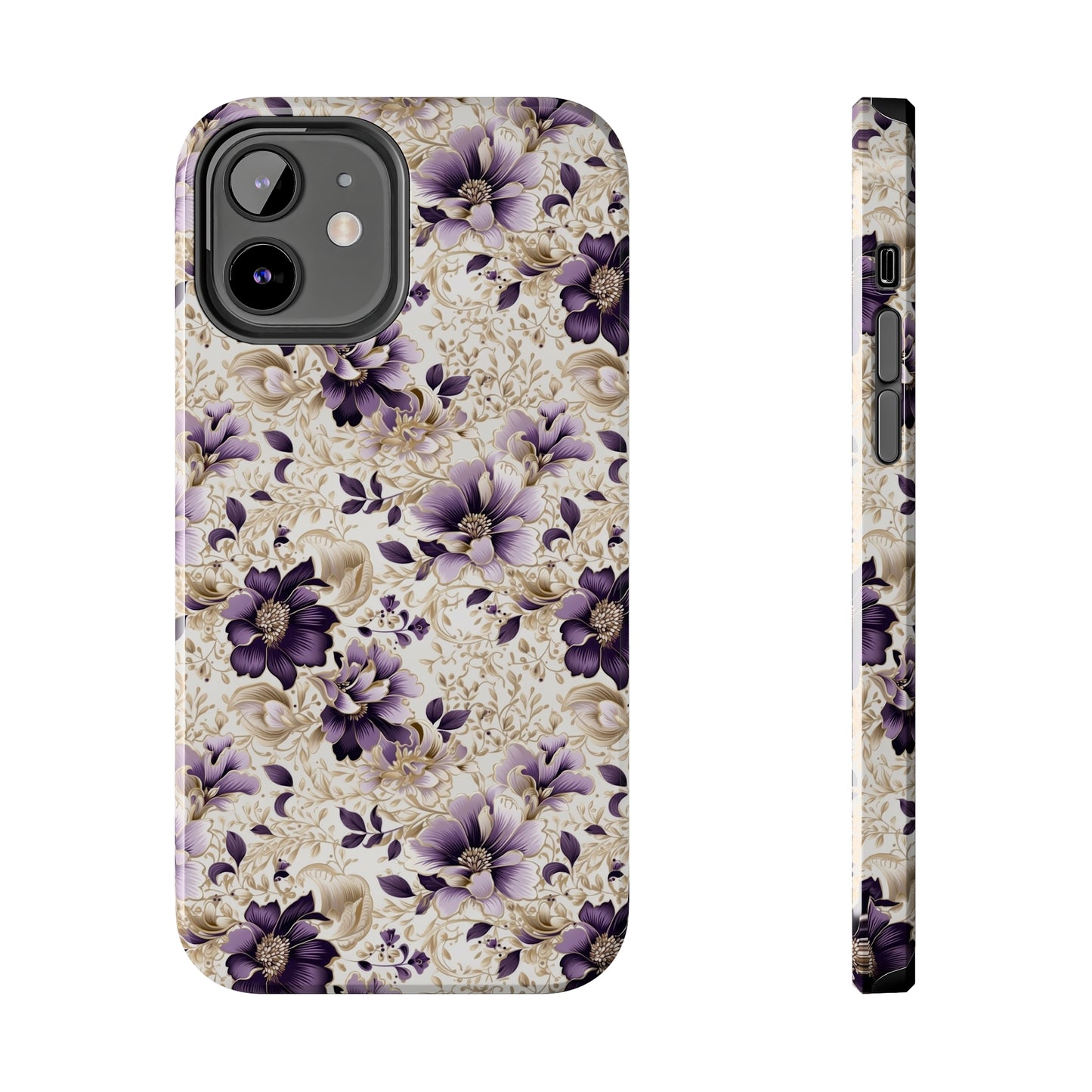 Purple Majesty: Watercolor Floral Design with Gold Foliage Accents Iphone Tough Phone Case