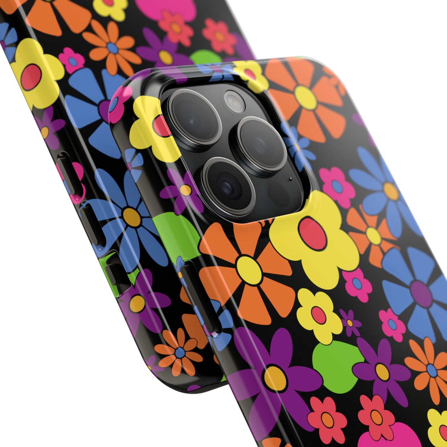 Flower Power Design on Black Background Iphone Tough Phone Case