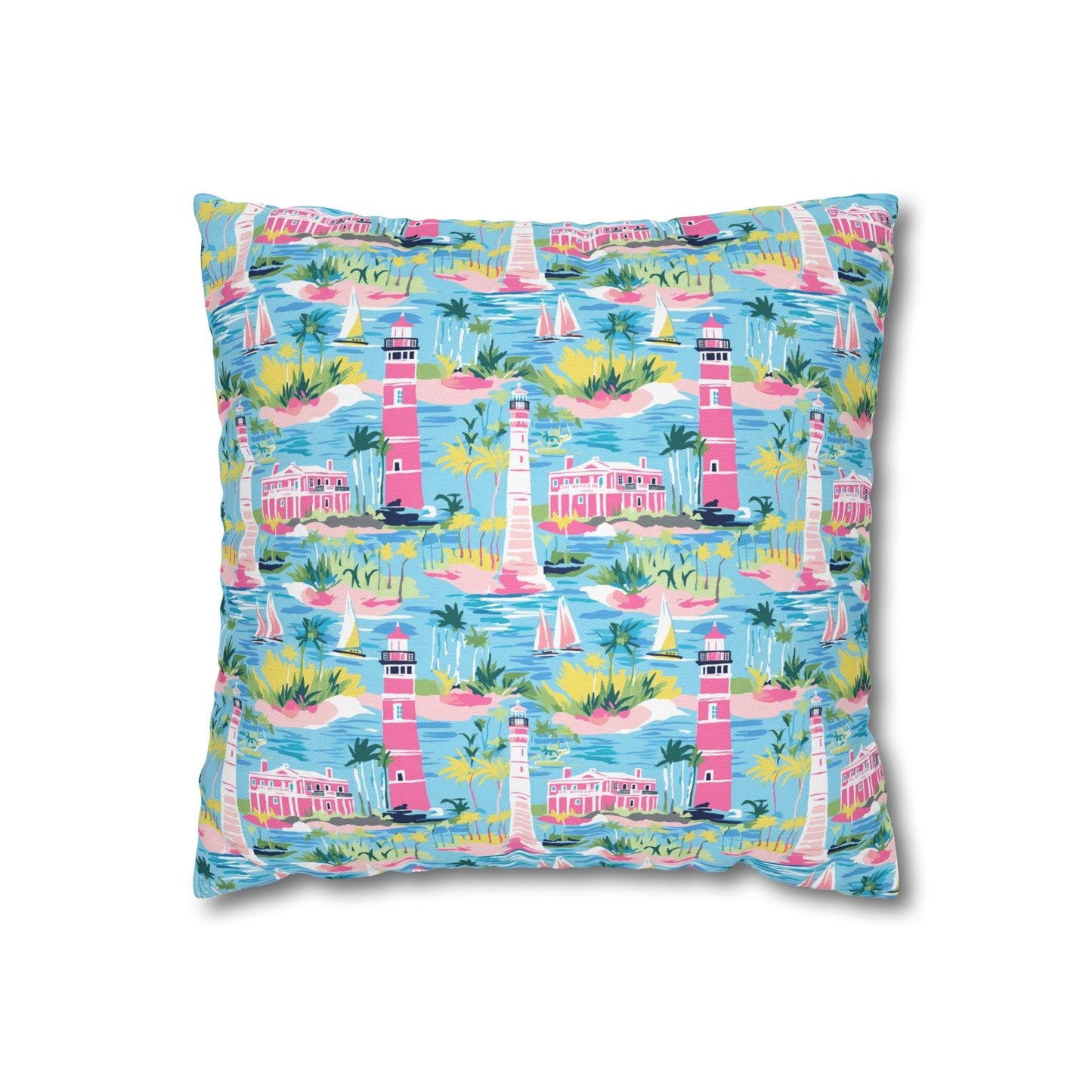 Coastal Charms: Sailboats and Lighthouses Adorning the Coastline Spun Polyester Square Pillowcase 4 Sizes