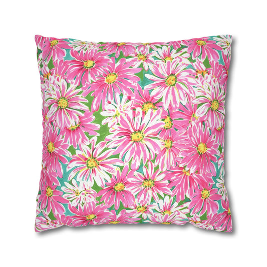 Springs Whisper: Watercolor Pink Daisies Dancing on a Lush Green Stage Spun Polyester Square Pillowcase 4 Sizes