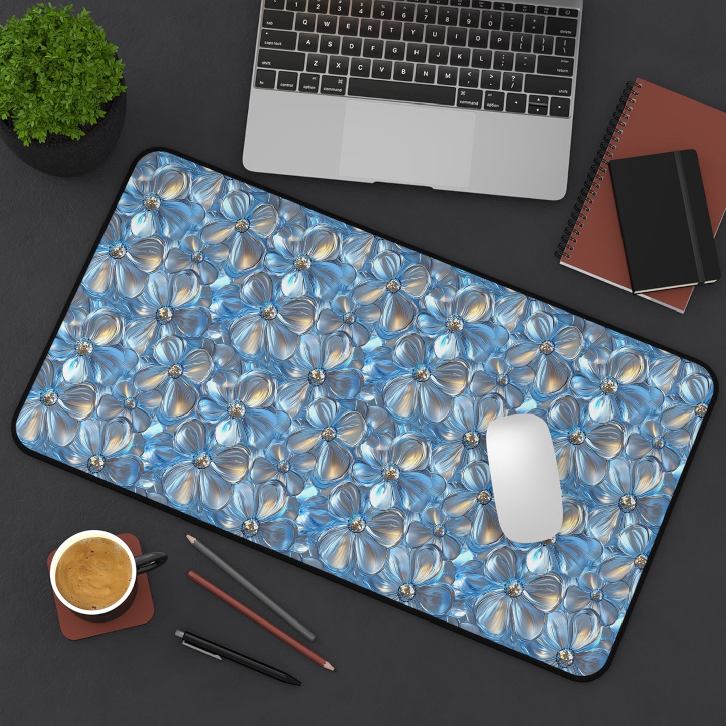 3D Silver Daisies Deskmat , Spring Flowers Desk Decoration, Floral Large Mousepad, Gaming Desk Mat, Desktop Accessory
