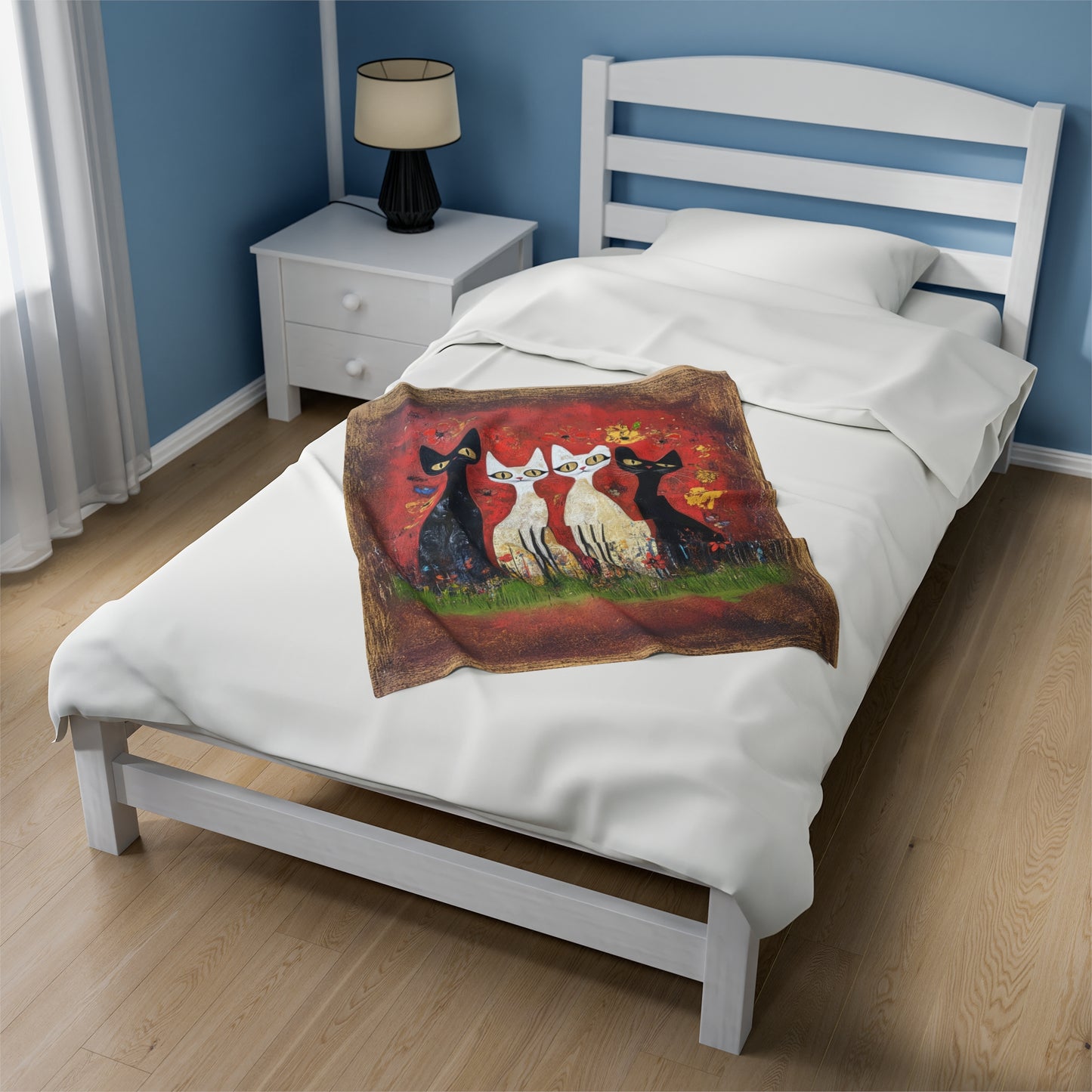 Whimsical Feline Quartet of Vibrant Hand-Painted Cats Velveteen Plush Blanket 3 Sizes