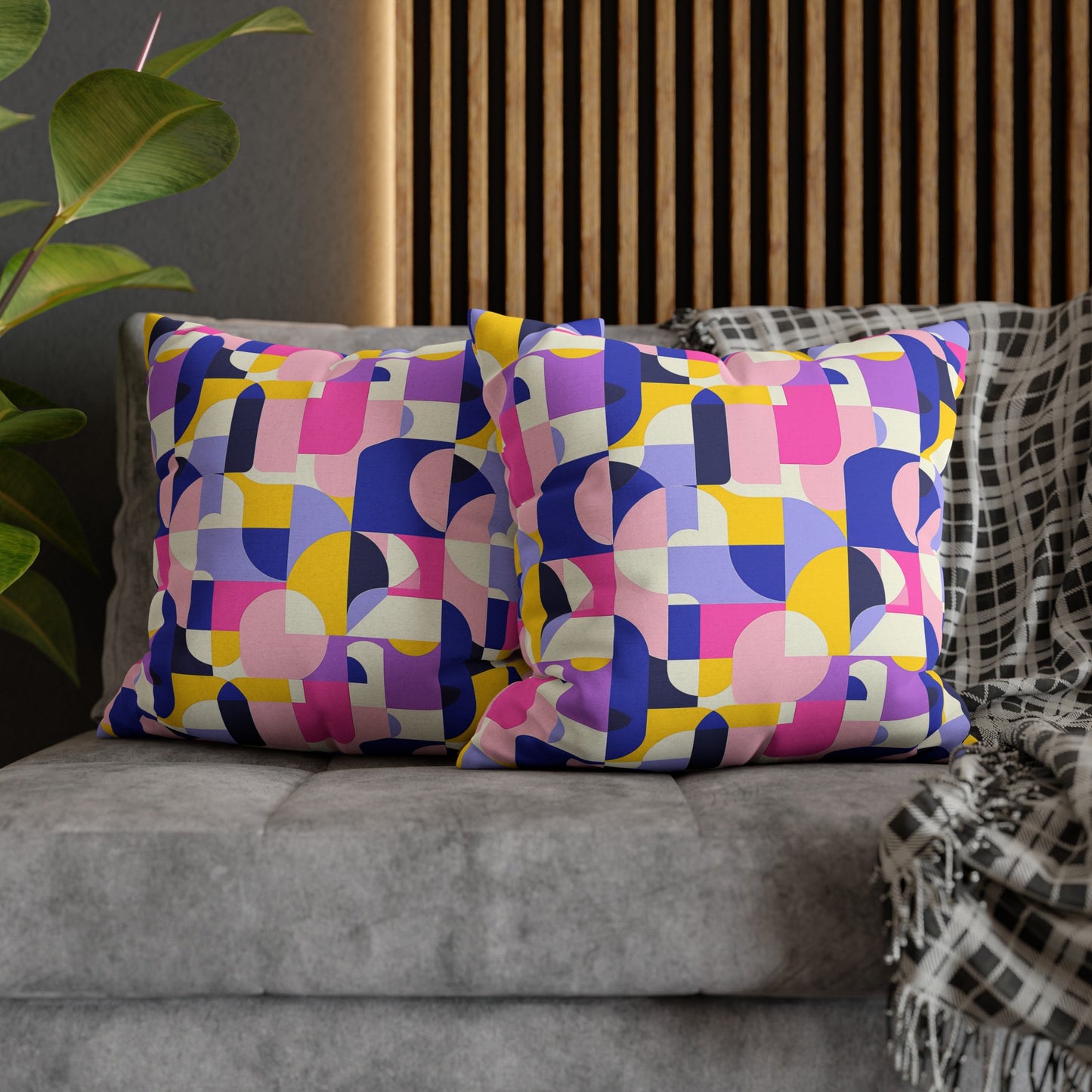 Vibrant Pink, Blue Yellow Color Block Geometric Shapes Spun Polyester Square Pillowcase 4 Sizes