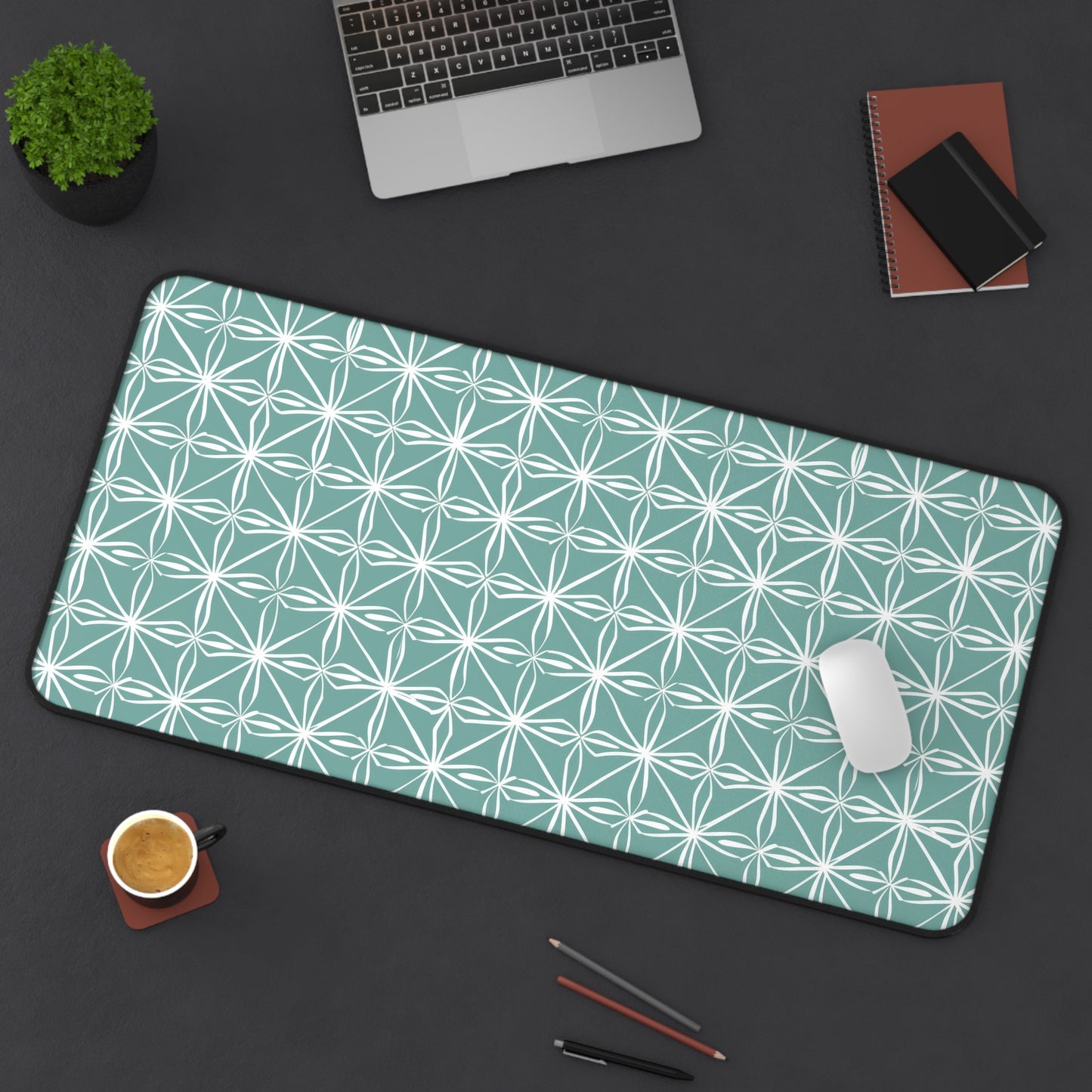 Elegant Minimalist Geometric Line Art in White and Teal Pattern Gaming Mouse Pad  Desk Mat  - 3 Sizes