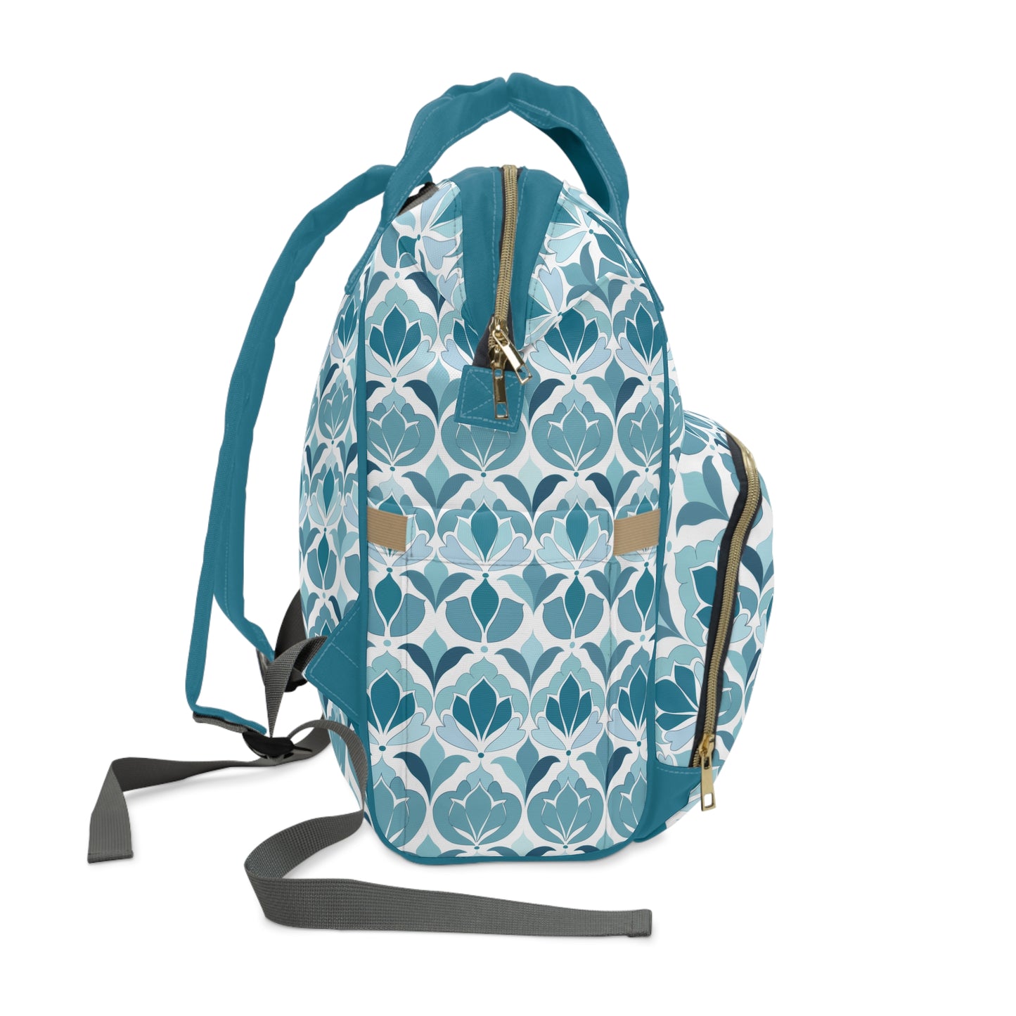 Serene Floral Pattern in Shades of Aqua and Teal, Forming Graceful Botanical Motifs Multifunctional Diaper Backpack