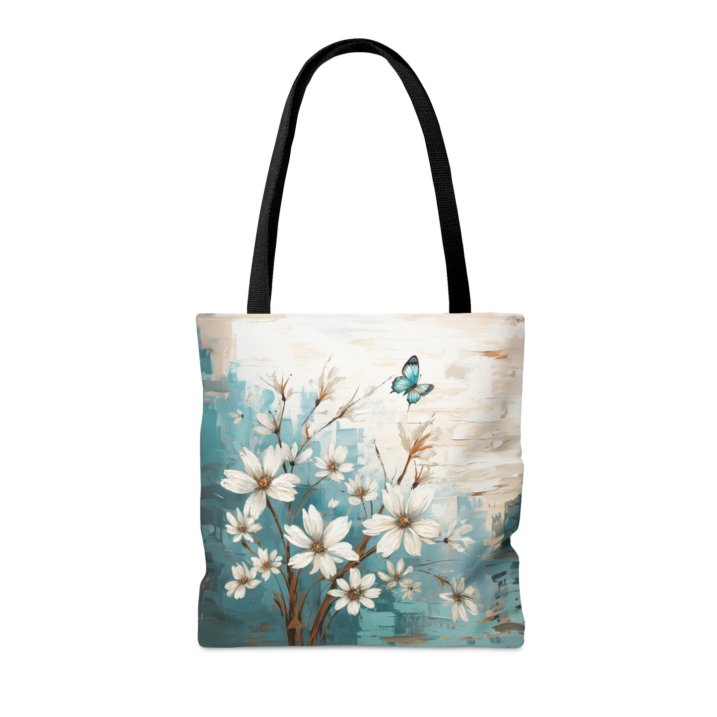 Rustic Farmhouse White and Teal Wild Daisies and Butterflies  - Canvas Tote 3 Sizes