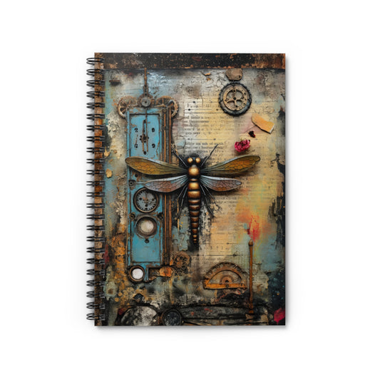 Rustic Steampunk Dragonfly on Aged Manuscript - Spiral Notebook Ruled Line 6"x8"