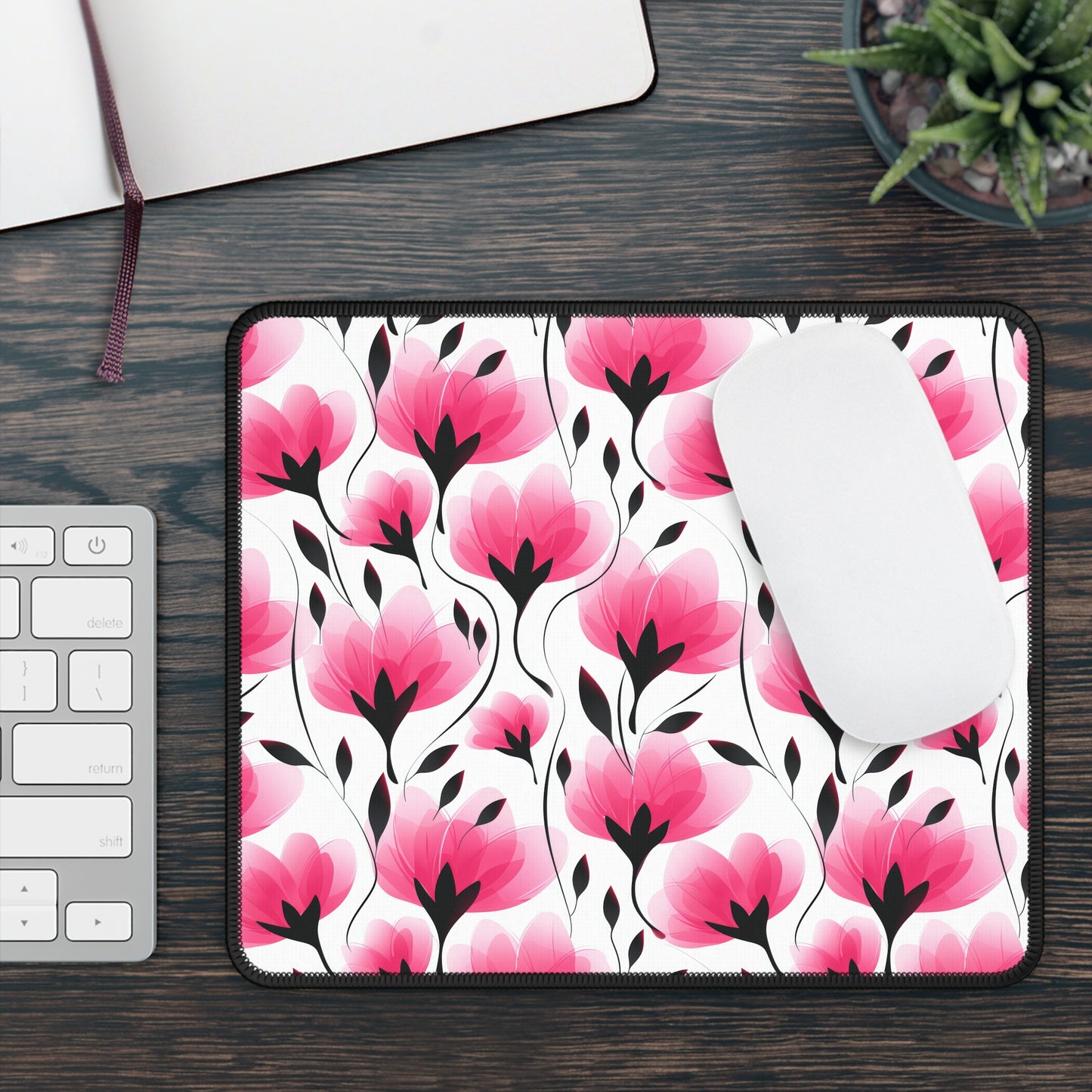 Elegant Modern Pink and Black Floral Blooms Gaming Mouse Pad with Finished Edges