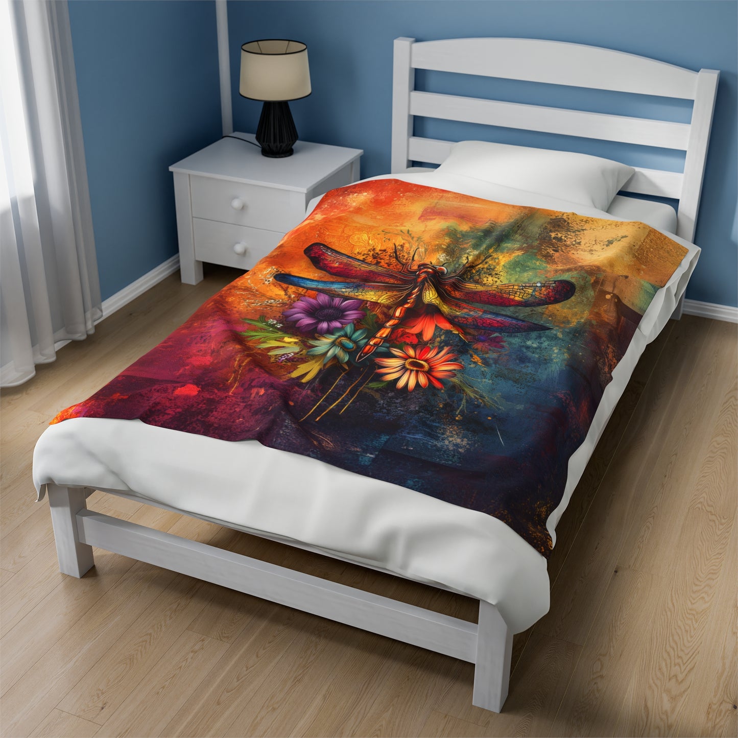 Mesmerizing Vibrant Dragonfly and Flowers Velveteen Plush Blanket 3 Sizes