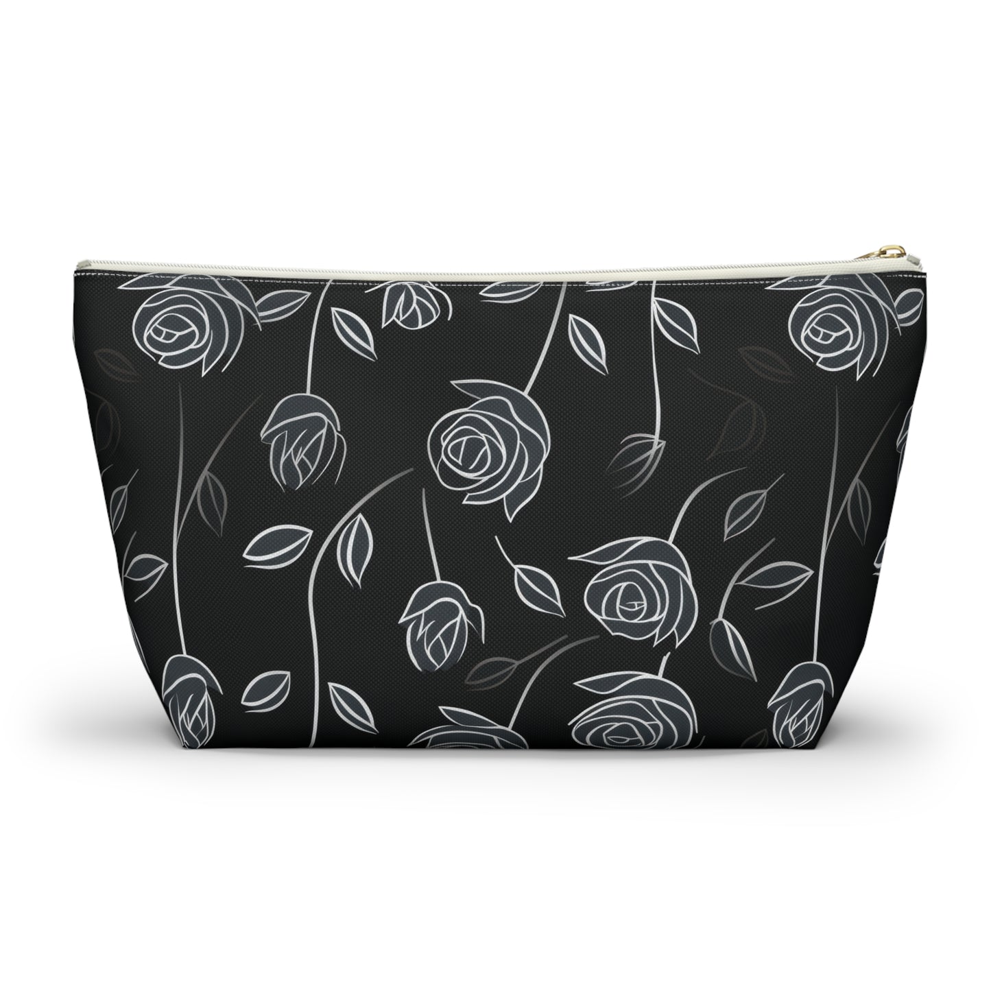 Contrasting Elegance: White Outlined Roses on a Black Background  - Makeup & Accessory Bag 2 Sizes