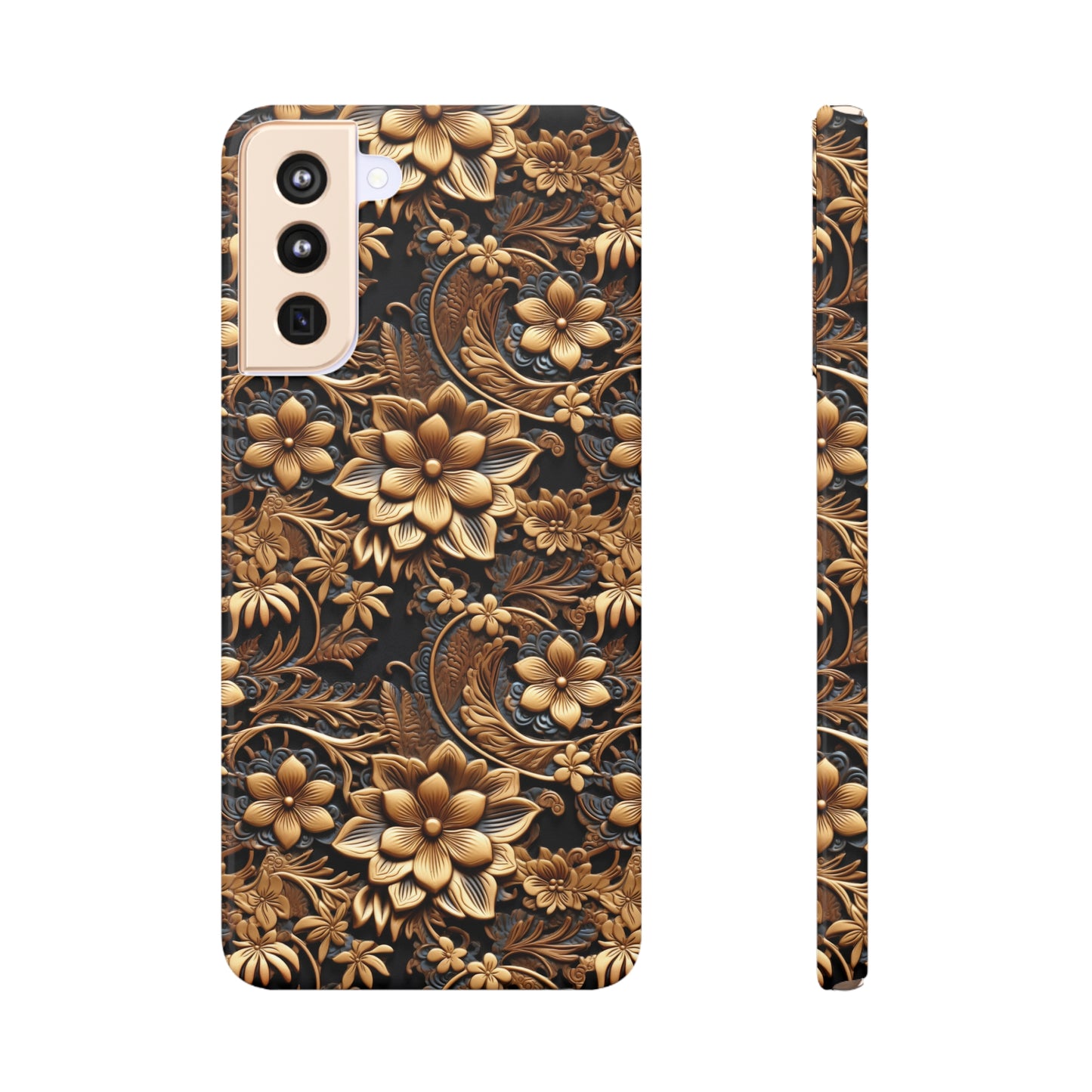 Tooled Gold Leather Flowers with Blue Accent Print Design Samsung Slim Cases